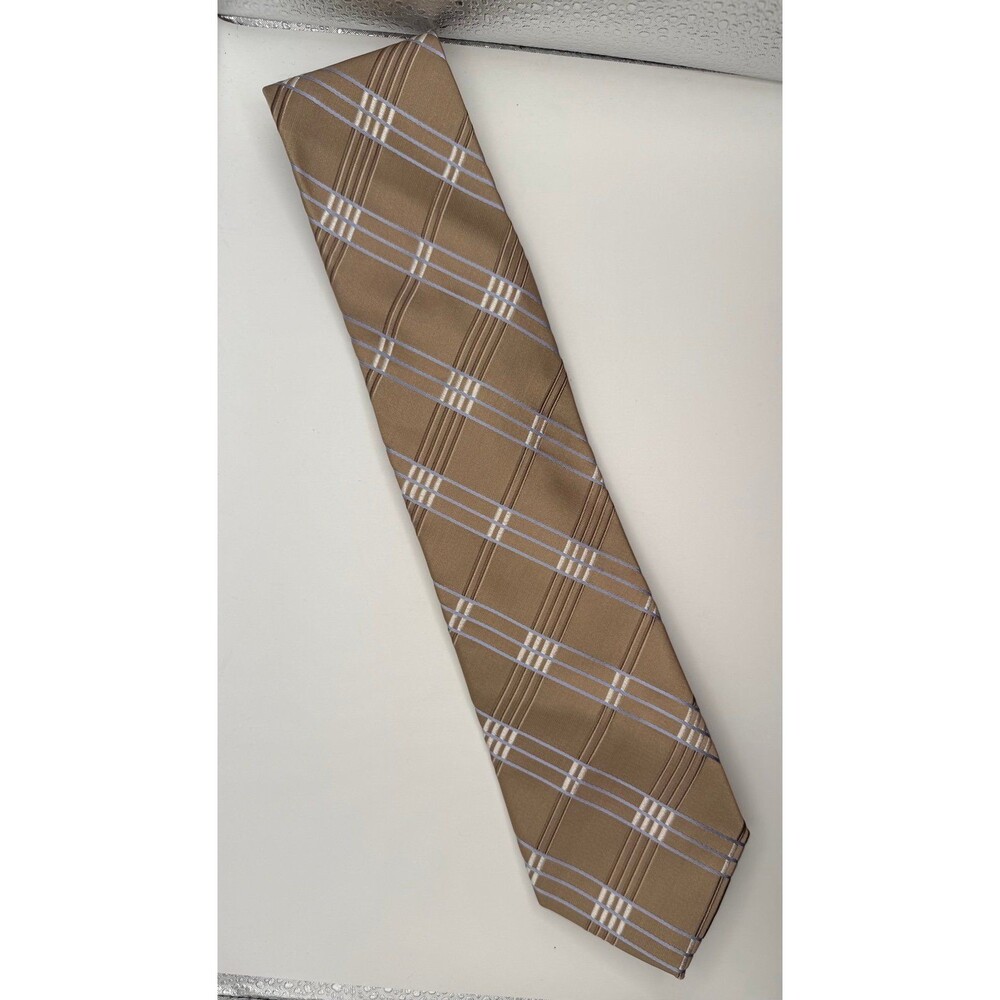 Michael Kors Mens Silk Necktie Taupe Brown Blue Plaid Check Satin Tie